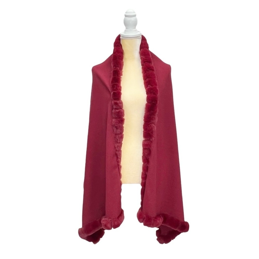 La Fiorentina Knit Wrap in Wine with Faux Fur Trim Scarf Solid Color New NWT